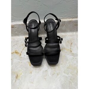 LISA VICKY Black Satin Platform Block Heels Rhinestone Buckle Ankle Strap Women